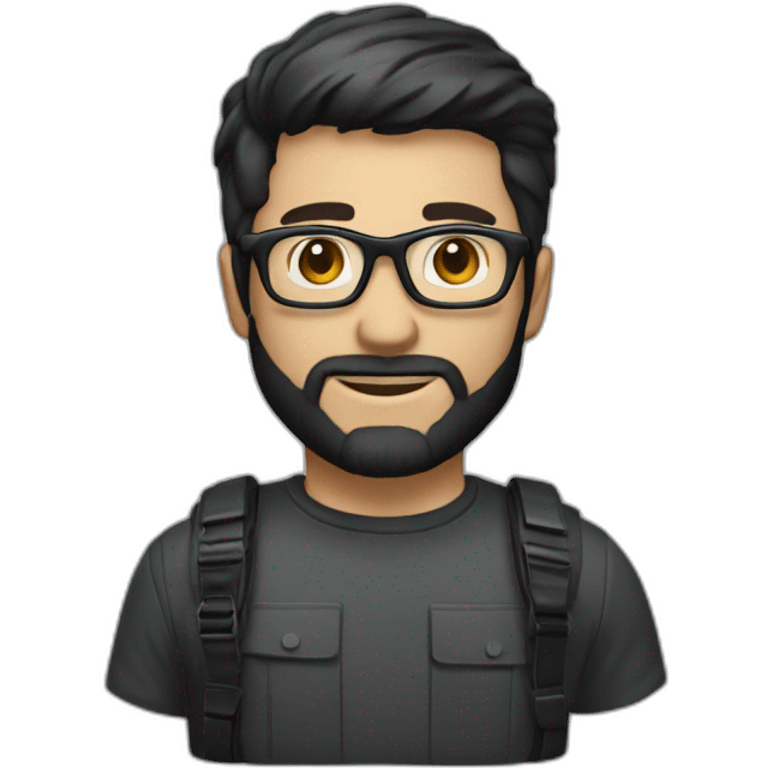 masculine man with dark glasses, short dark hair, and short beard with a camera emoji