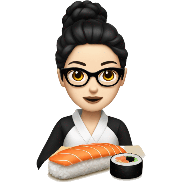 A white girl with black round glasses and shoulder straight black hair eating sushi emoji