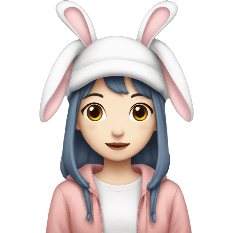 Girl from kpop group new jeans in cute outfit with bunny ear hat emoji