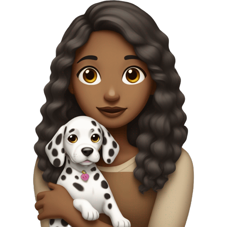 A brown girl with medium to long hair closes her eyes and holds a Dalmatian dog emoji