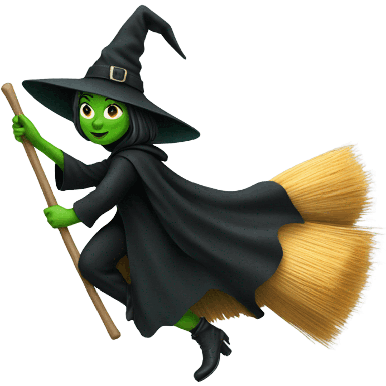 Flying green witch with black cape on broom emoji