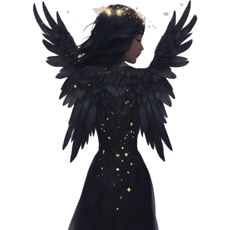 Black Raven wings bohemian Ethereal galaxy constellation girl angel raven wings black wings, gold arrow, nebula, flower crown, fairy lights, iridescent emoji