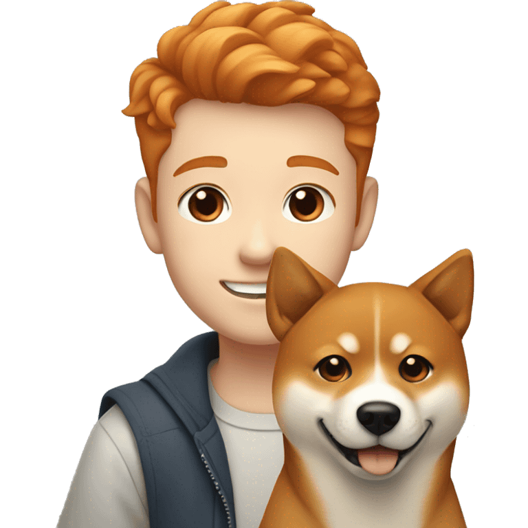 Ginger boy with brown eyes and wide brows 12 years smiling with dog shiba inu  emoji