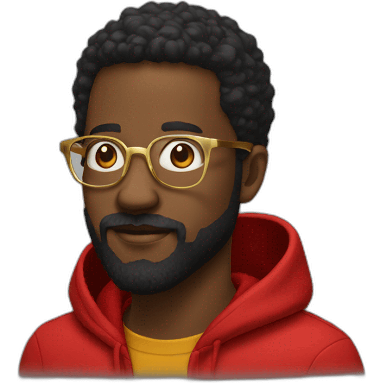 black man with beard, red hoodie, and gold framed glasses emoji