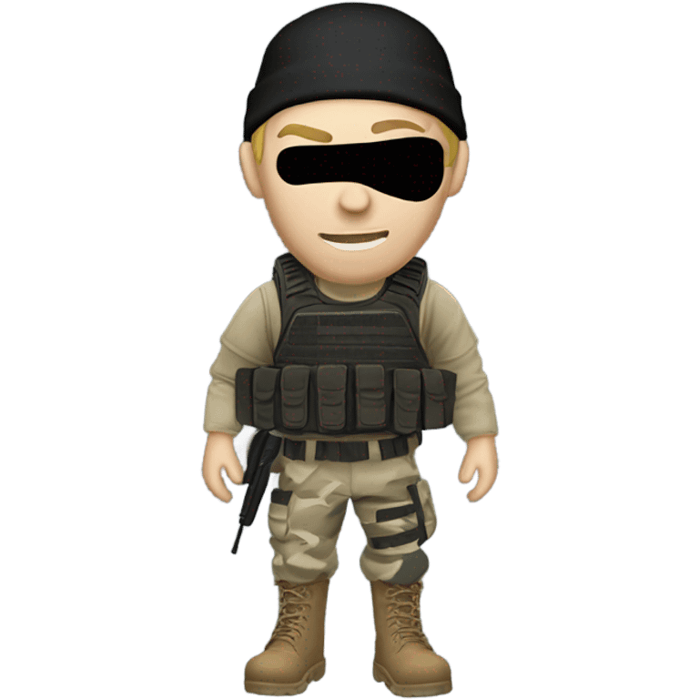 White male, call of duty black mask, camo tactical gear, tan combat boots, black beanie, blue eyes emoji