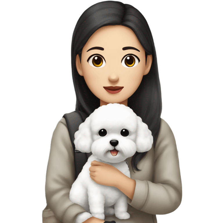 A cute korean style bichon frise with a dark-haired in a bun Asian woman at the airport  emoji