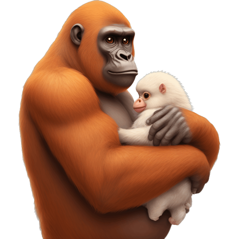 An orange gorilla holding a cute baby hen emoji