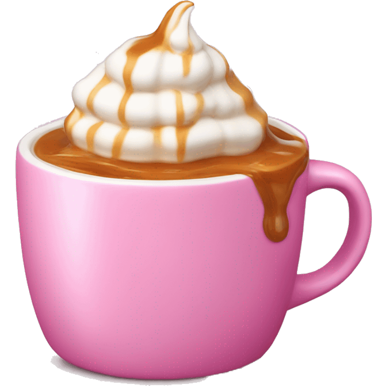 A hot drink with caramel dripping and whipped cream in a pink mug emoji