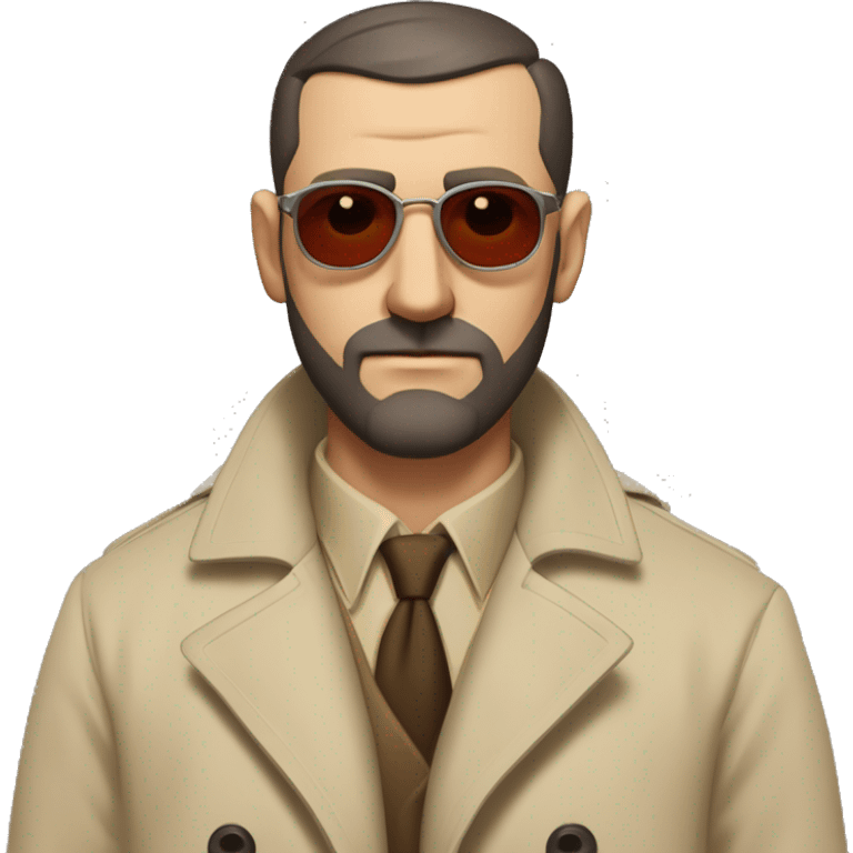 1930s investigator, a Caucasian man with short, buzz cut dark hair and a rough beard, wears tiny red-tinted sunglasses and a dirty beige trench lab coat. He has a serious demeanor. emoji