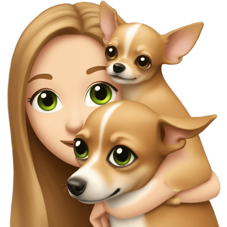 Long light brown hair, green eyes, caucasian lady hugging brown chihuahua with one ear folded emoji