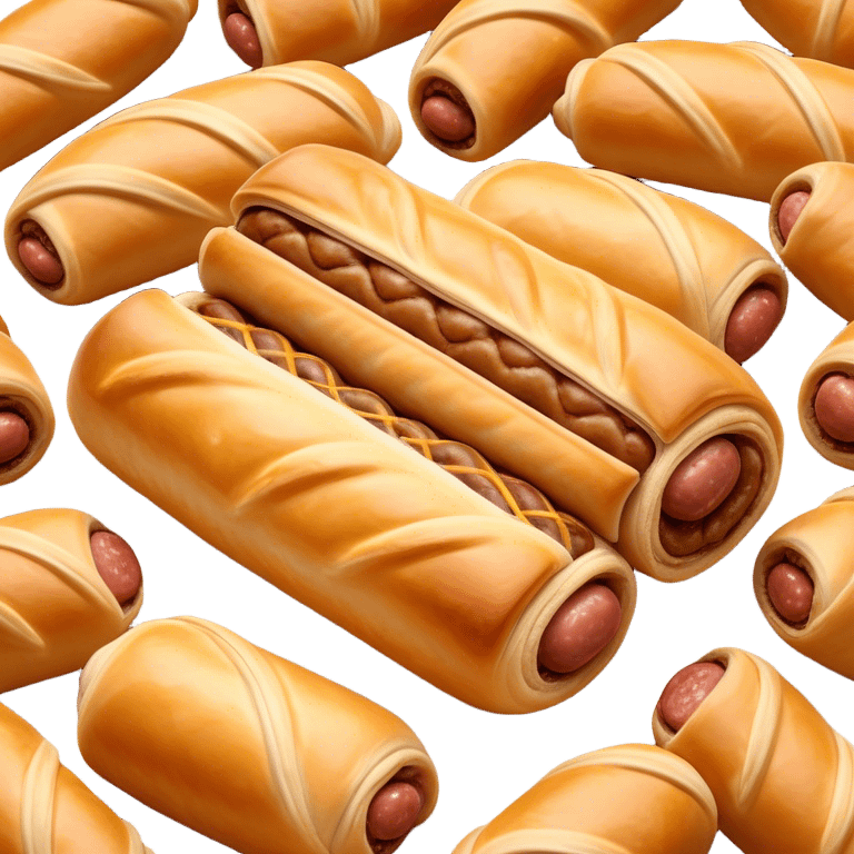 Cinematic Realistic Sausage Roll Dish Emoji, depicted with a crisp, golden pastry wrapped around flavorful sausage, rendered with detailed textures and appetizing lighting. emoji