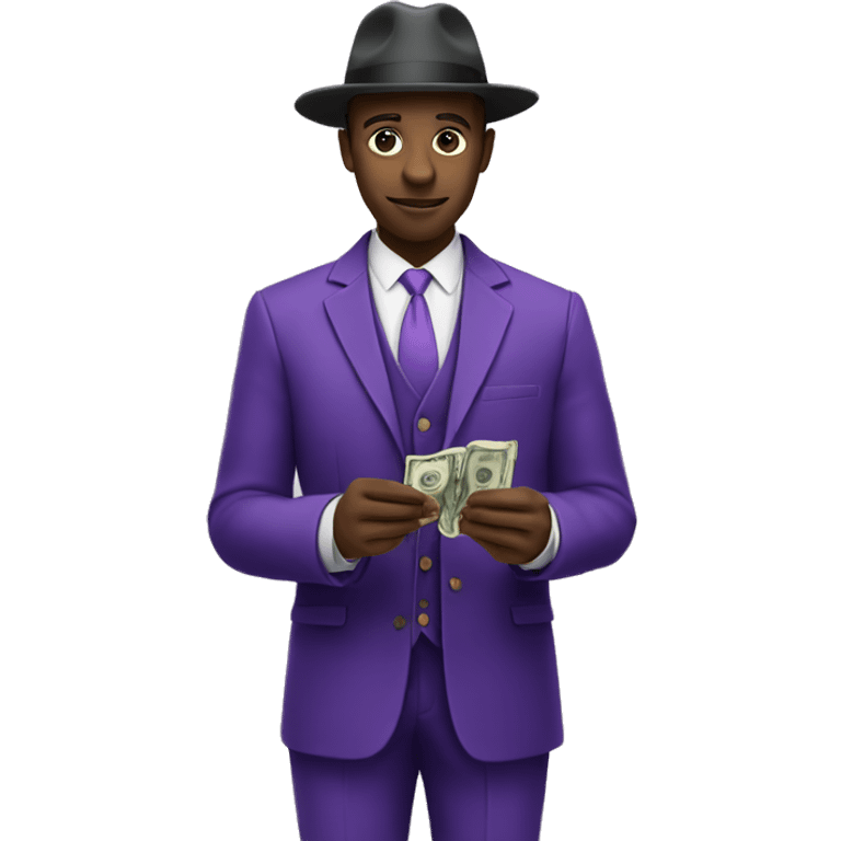 Black man In purple suit and hat counting money emoji