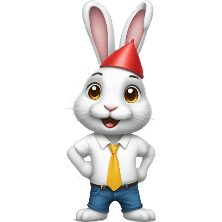 Rabbit with a party cap , hand close , with lower body  wearing shirt , standing side way emoji