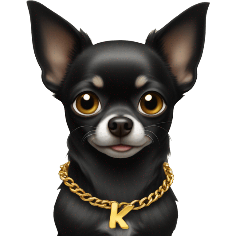 Black chihuahua wearing golden chain with letter k emoji