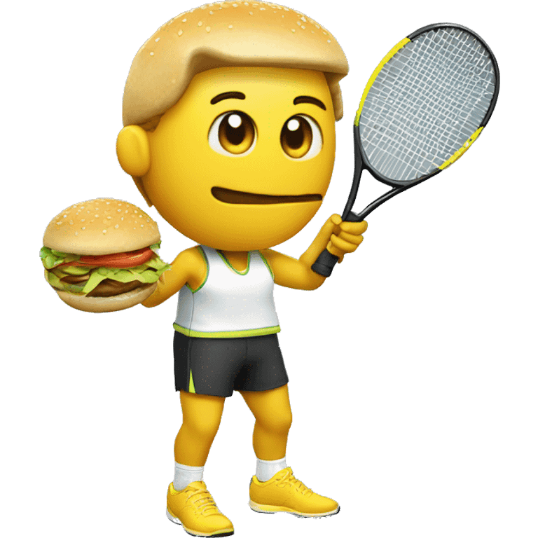 "A tennis player is holding a racket and eating a burger." player skin yellow emoji