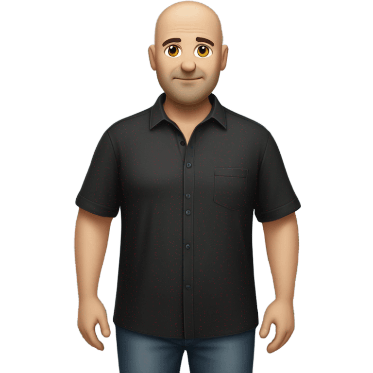 A slightly overweight middle-aged Italian man with olive-toned skin with bald hair and no facial hair. He is wearing a sleek black smart shirt, casually unbuttoned at the top. emoji