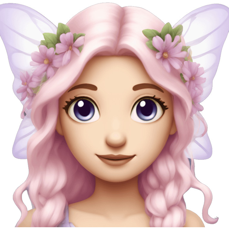 Beautiful, flower fairy, white long, light pink hair, big wings, fair skin, light violet eyes  emoji