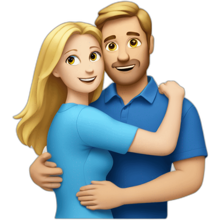 White man hug a white woman both wearing blue shirts emoji