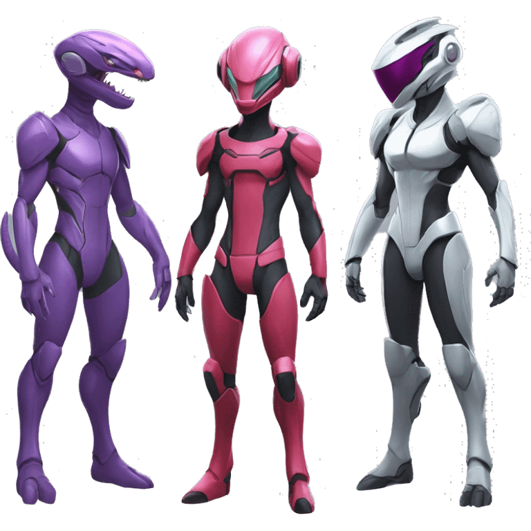 a Reptile-Raptor-Genesect-Mewtwo-Fakémon with a futuristic visor-helmet and wearing a techwear-suit Full Body emoji