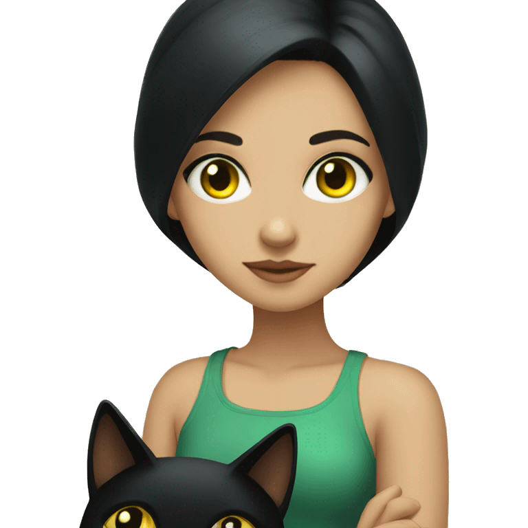 girl with black hair with dark green eyes holding a black cat with yellow eyes emoji