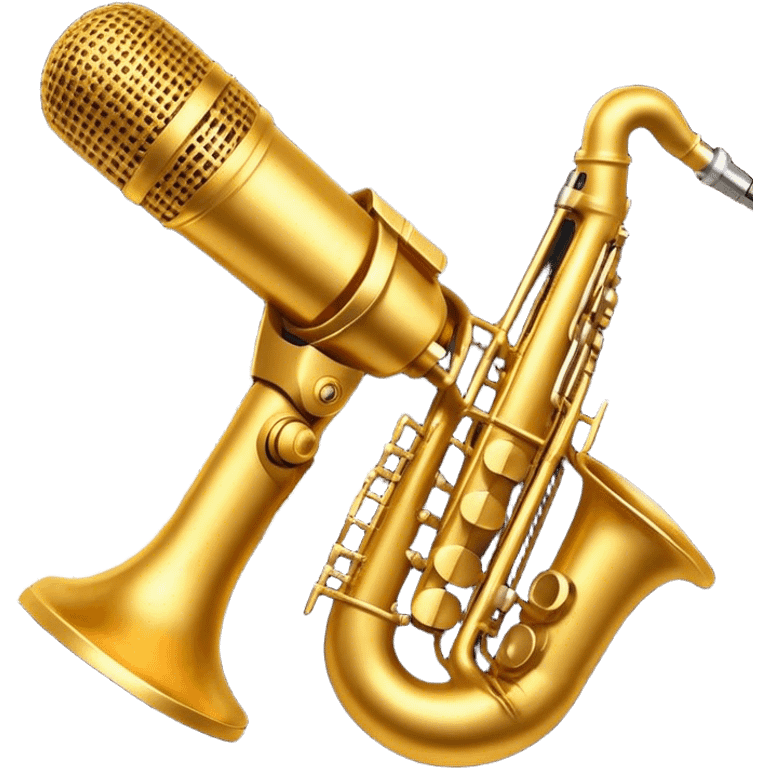 Create a vibrant emoji representing jazz vocal performance. The design should feature a vintage microphone, with musical notes swirling around it, symbolizing the improvisational and expressive nature of jazz singing. Add subtle elements like a jazz trumpet and saxophone in the background to represent the ensemble often accompanying jazz vocals. Include a set of piano keys or a grand piano in the design to reflect the jazz club atmosphere. Use warm, rich colors like deep gold, black, burgundy, and silver to create a soulful and elegant vibe. The background should be transparent. emoji