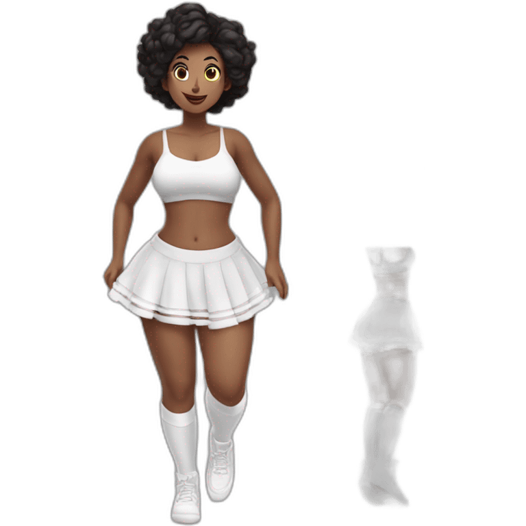 full-body-caucasian-curvy-beauty-jumping-short-black-skirt-back-and-front-views-strong-wind-white-knickers-long-white-socks emoji