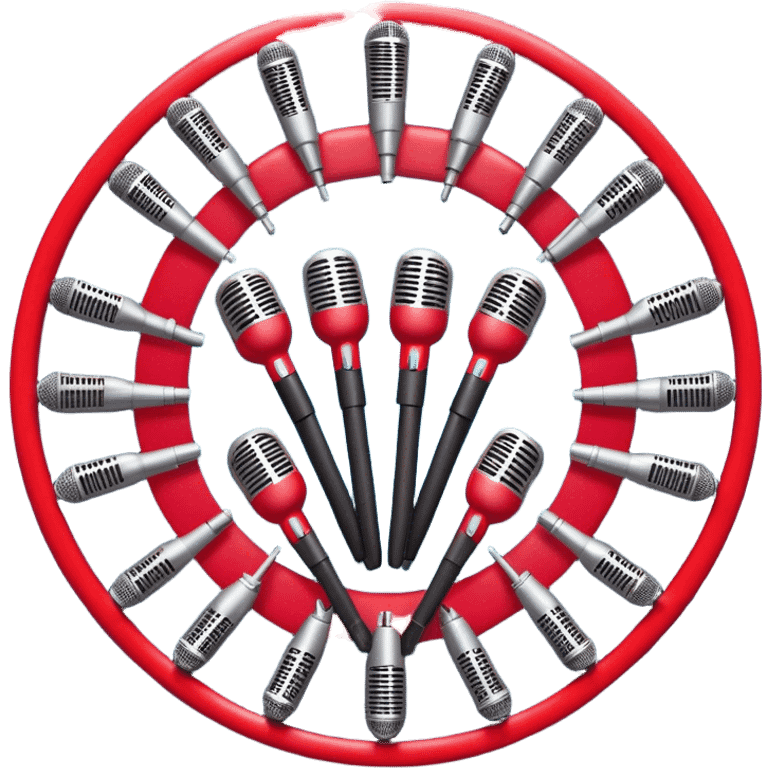 Create a vibrant and dynamic emoji that represents choral vocal performance. The design should feature 10 vintage stage microphones arranged in a semi-circle on a concert stage, symbolizing a vocal group or choir. Add musical notes flowing around the microphones to represent harmony and unity in the performance. Include concert lighting and a celebratory atmosphere to convey the excitement of live music. Use bright, bold colors like red, gold, and silver to emphasize the energy and glamour of the stage. The background should be transparent. emoji