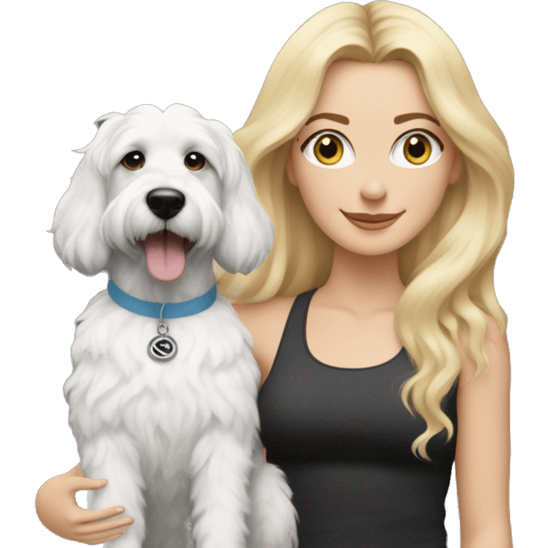 white woman with long blonde hair and cat shaped eyes wearing a yoga outfit standing alongside a black and white colored bernadoodle dog emoji