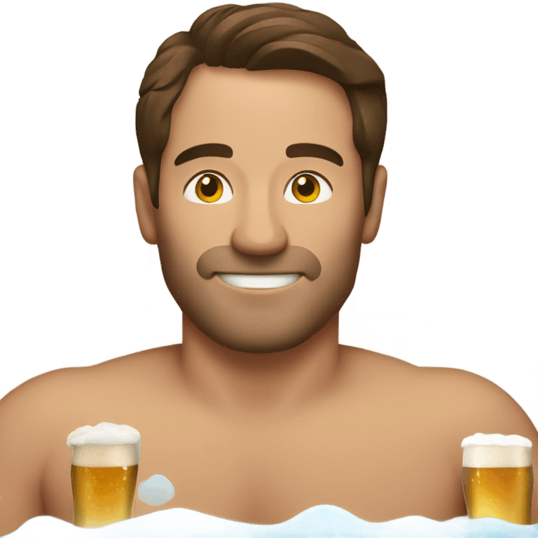 Man with brown hair in hot tub with beer emoji