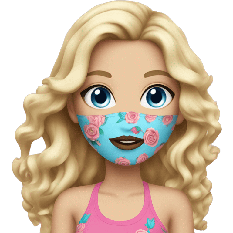 blonde woman. pink coloured bikini. wavy long hair. tattoos. blue eyes, rose lips emoji