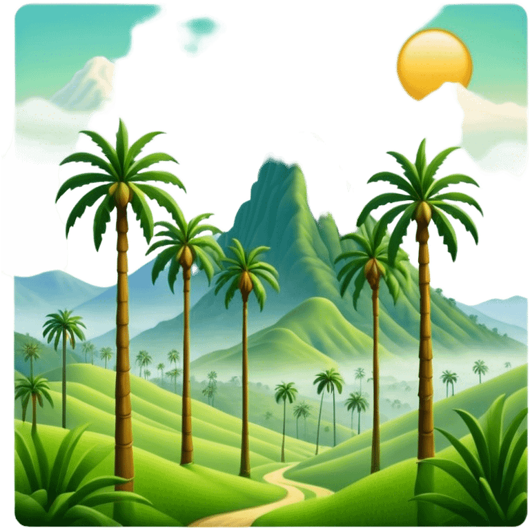 Cinematic Realistic Cocora Valley Landmark Emoji, featuring towering wax palm trees swaying in the misty green valley, with rolling hills and distant mountain peaks bathed in warm morning light. emoji