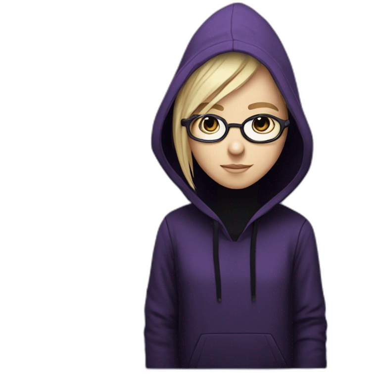 Girl blond artist with round glasses left side behind his laptop with this style: Alan Walker Singer purple character purple black hooded hacker themed character emoji