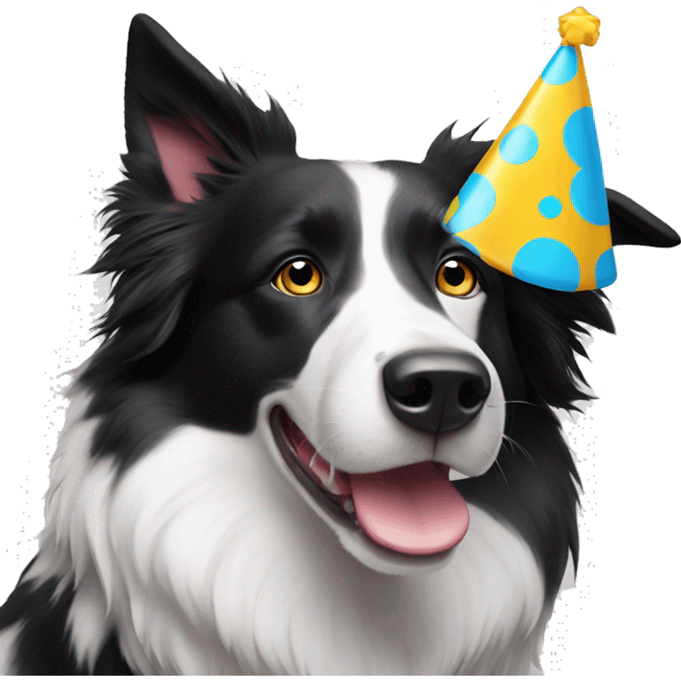 A black and white Border Collie with black spots wearing a party hat.   emoji