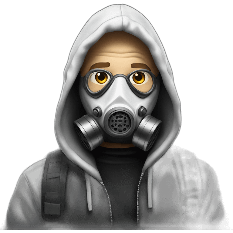 white man with black hoodie and gas mask ans airbrush emoji