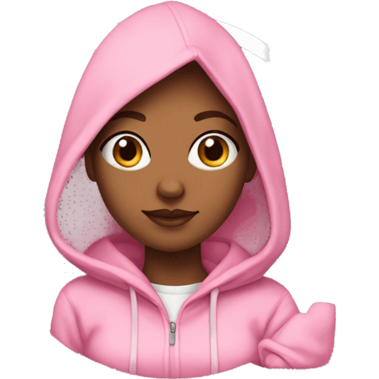 girl wearing pink hoodie with hoop earrings and pink phone case emoji