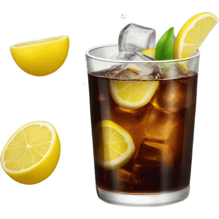 A rum and coke with a lemon on the rim emoji