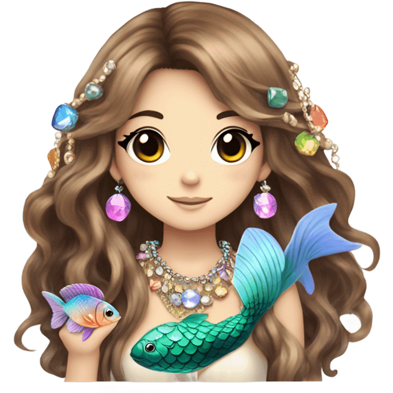 mermaid hime gyaru girl with fish scales, brown hair, jewerly emoji