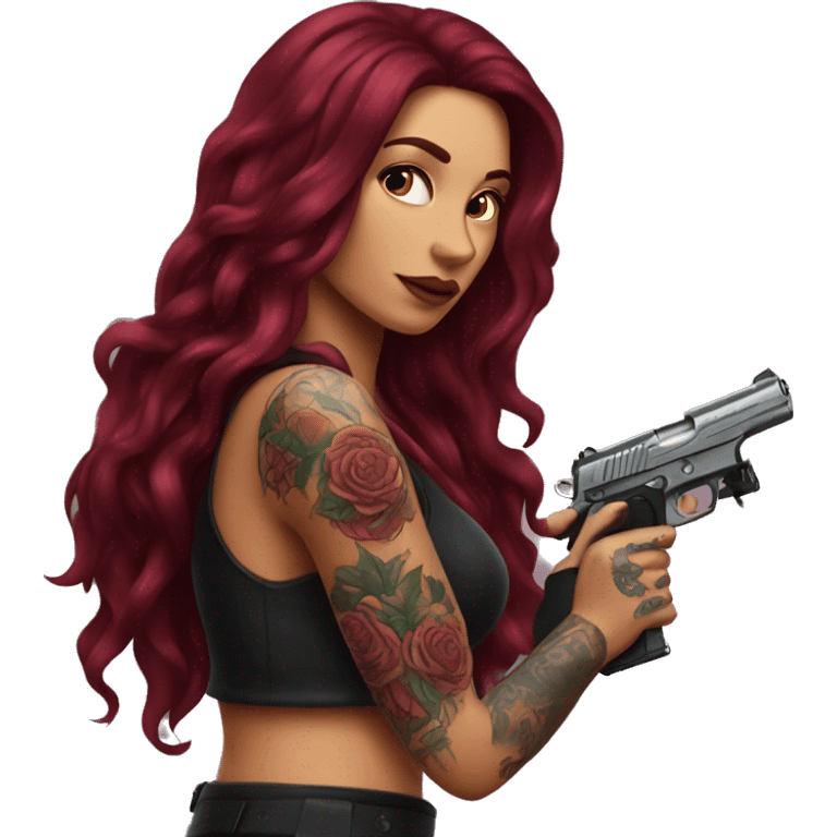 Beautiful tattooed burgundy long haired woman with a gun emoji