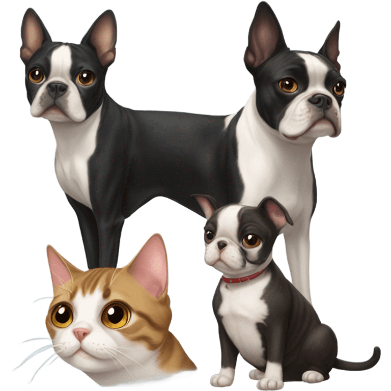 Two tabby cats and a Boston terrier emoji