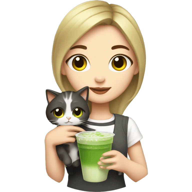 Cute girl holding a cat and cup of iced matcha  emoji