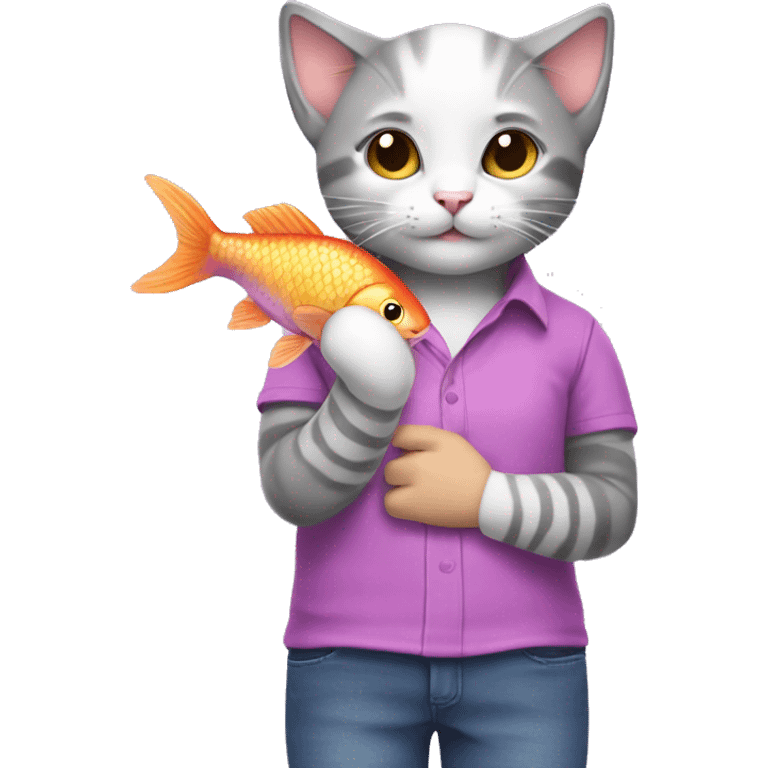 A gray and white kitten wearing a pink and purple shirt is holding a fish emoji