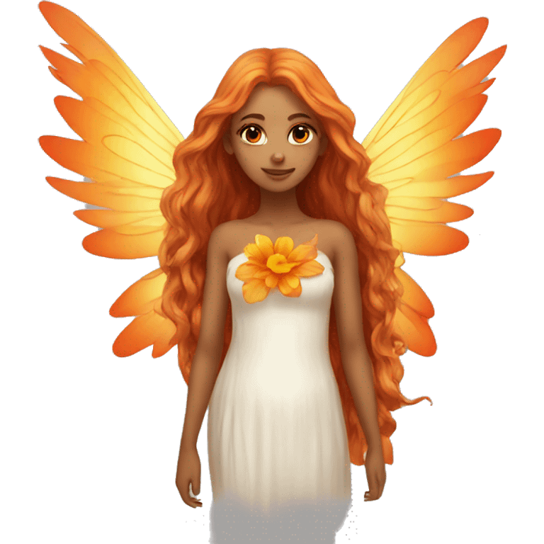 big wings, flower, Beautiful, fairy, gold, orange,red, long hair emoji