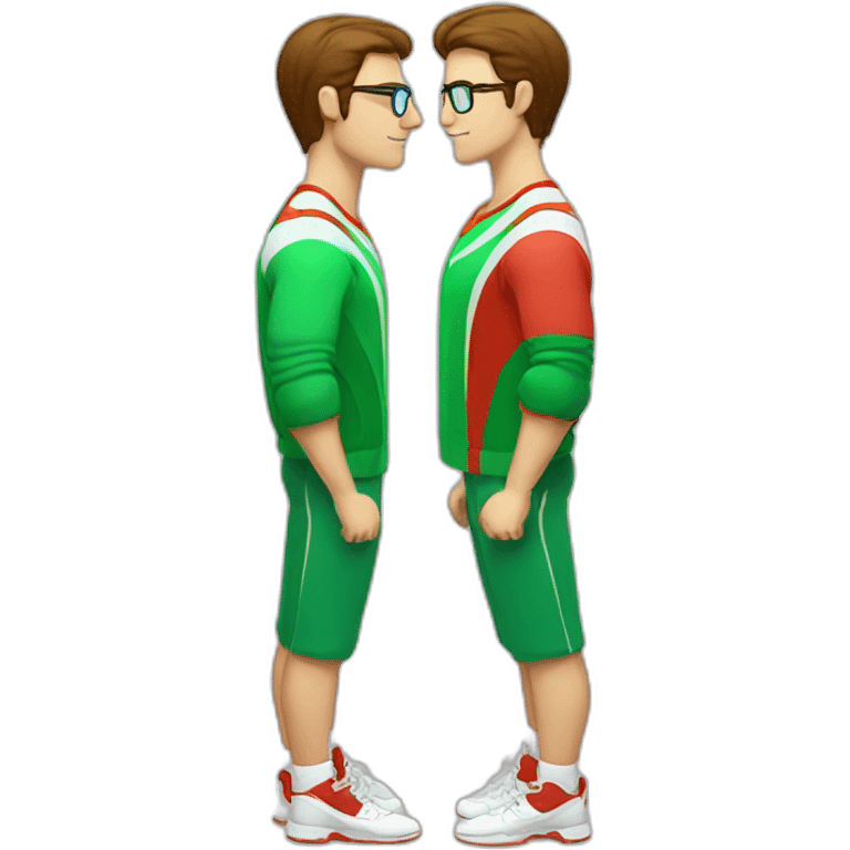 retro 70s red and green gym clothes for a modern white brunette uni male student with glass emoji