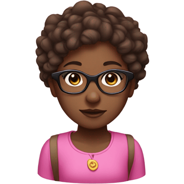 Dark skin girl, with short brown curly hair, pink headband and glasses emoji