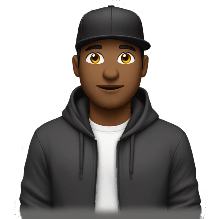 Un chico con sudadera negra, cabello largo y gorra negra emoji