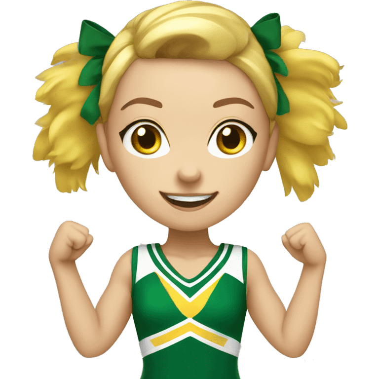 White girl Cheerleader cheering with green and yellow uniform and poms emoji