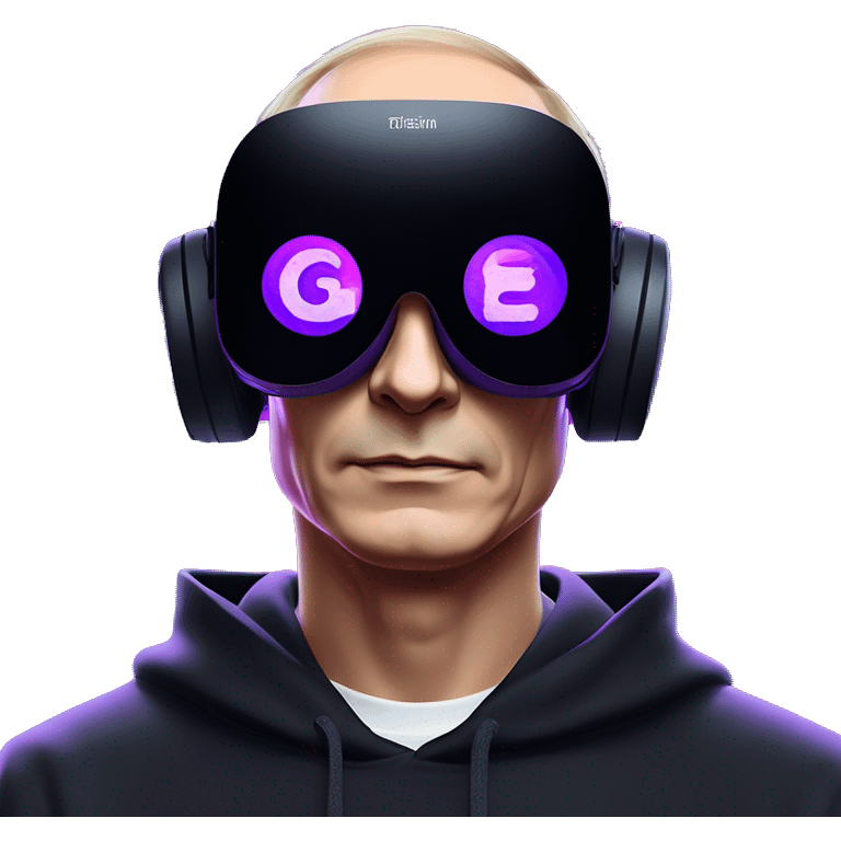 Vladimir Putin wearing a black hoodie with "OMG" letters on it and VR headset oculus quest 2 in a cyberpunk VR environment with violet neon lighting. emoji