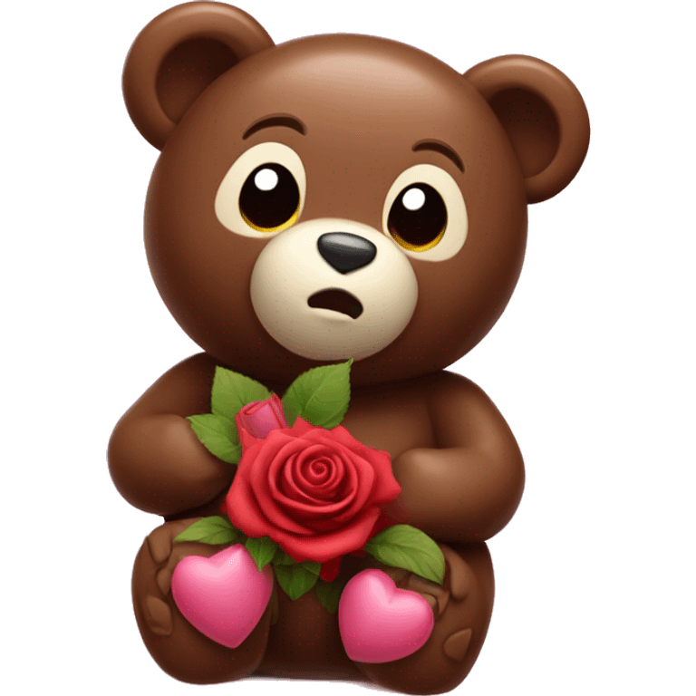 Rose bear holds roses and a heart chocolate  emoji