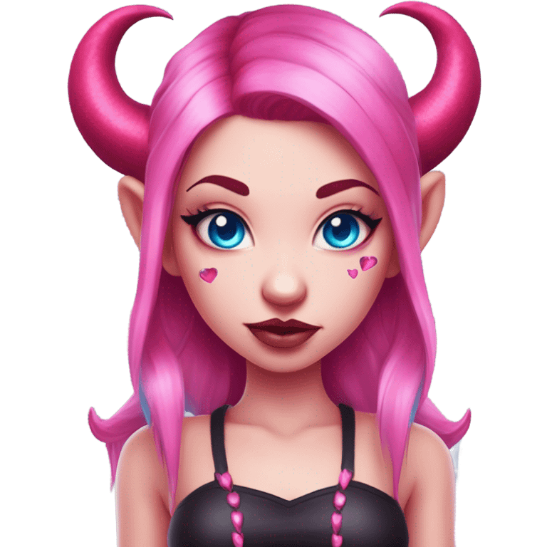 A succubus devil girl with pink skin round shaped horns with blue eyes and pupils shaped into red hearts her hair tied up in two ponytails, hot pink colour with blue hair, strings crystal in her forehead, blue coloured and pink freckles emoji