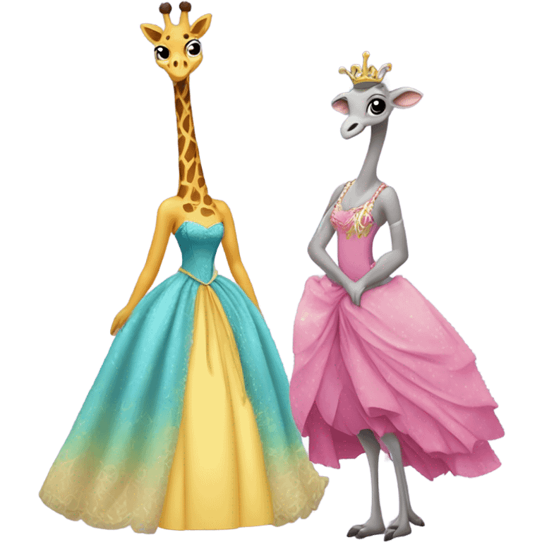 Ostrich and giraffe in Disney princess dresses emoji